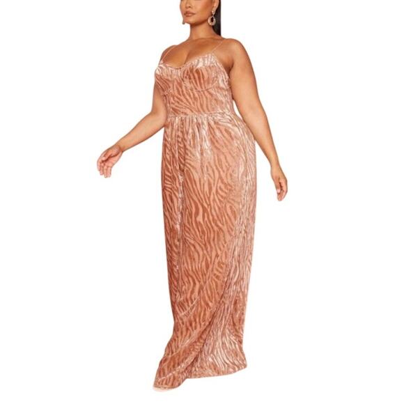 Pretty Little Thing Mocha Burnout Zebra Devore Cup Wide Leg Jumpsuit Sz 22 NEW - Picture 1 of 15